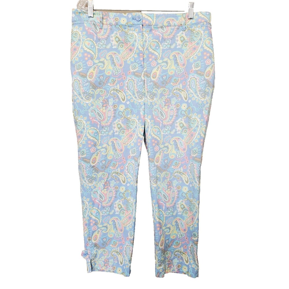 Talbots Cotton Blend Perfect Crop Pants Blue Paisley Pockets Size 14